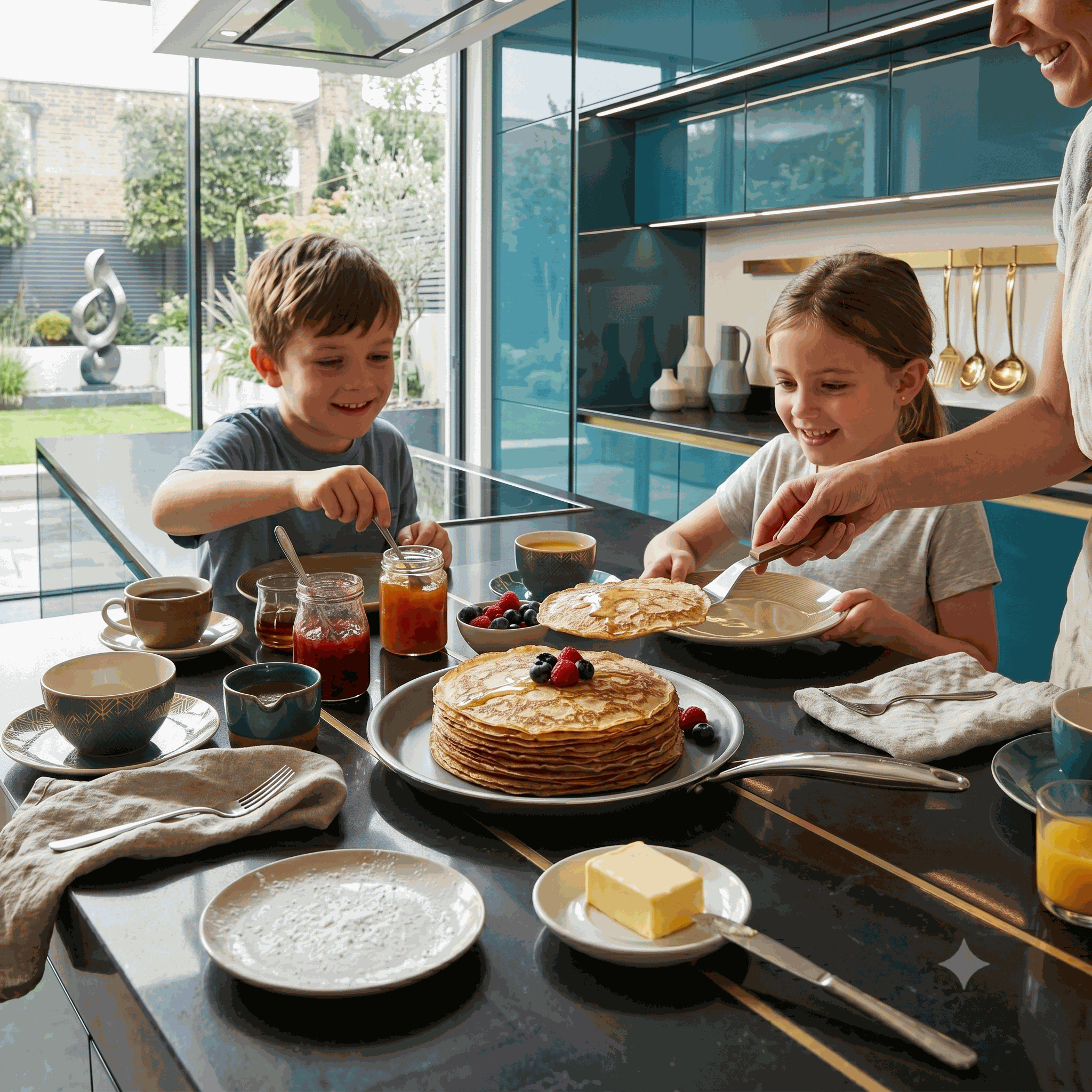Gezin geniet van pannenkoeken uit de DotShield pannenkoekenpan