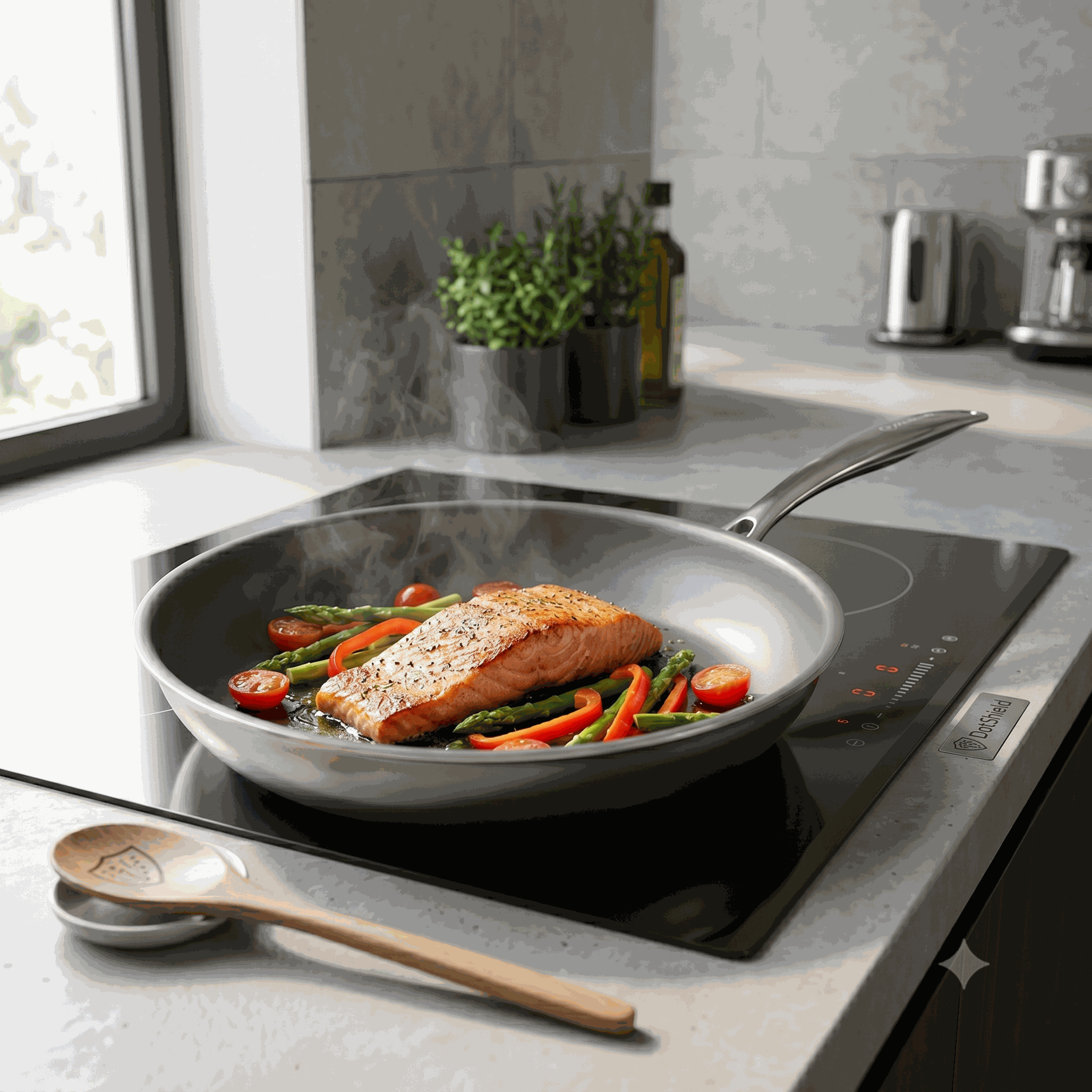 Zalm met groenten in de DotShield koekenpan op inductie