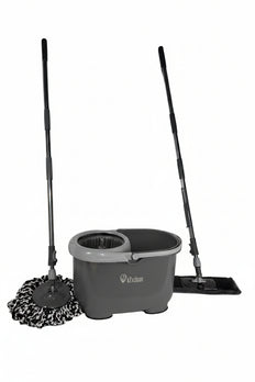 iZi-Clean Turbo Twin Mop set met ronde en vlakke mop, emmer met centrifuge en verstelbare steel voor streeploos dweilen zonder bukken