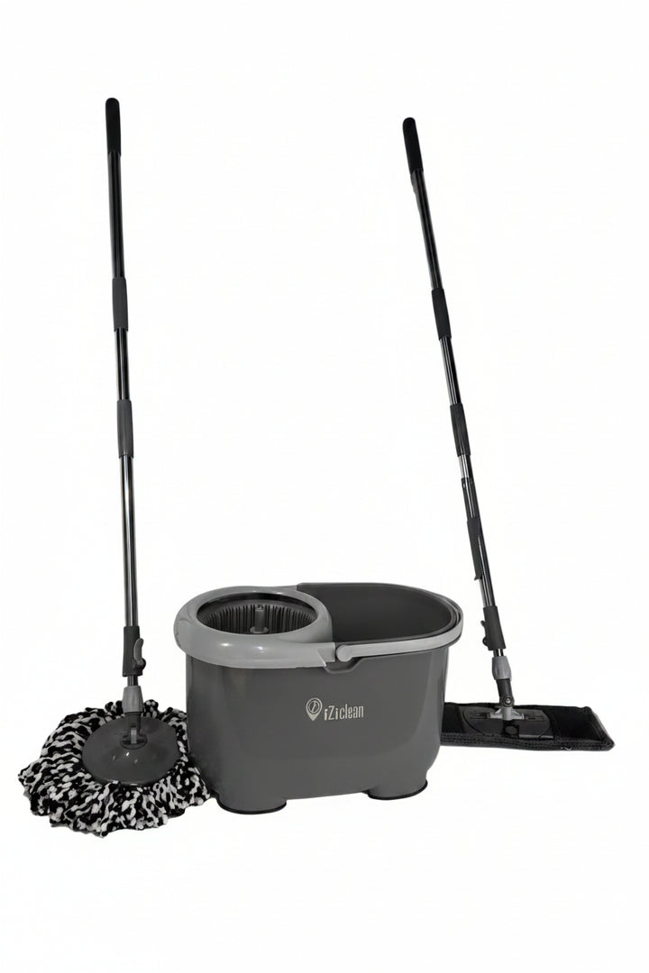iZi-Clean Turbo Twin Mop set met ronde en vlakke mop, emmer met centrifuge en verstelbare steel voor streeploos dweilen zonder bukken