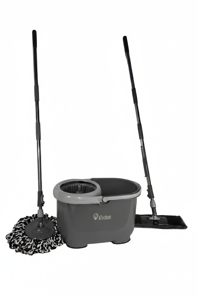 iZi-Clean Turbo Twin Mop set met ronde en vlakke mop, emmer met centrifuge en verstelbare steel voor streeploos dweilen zonder bukken