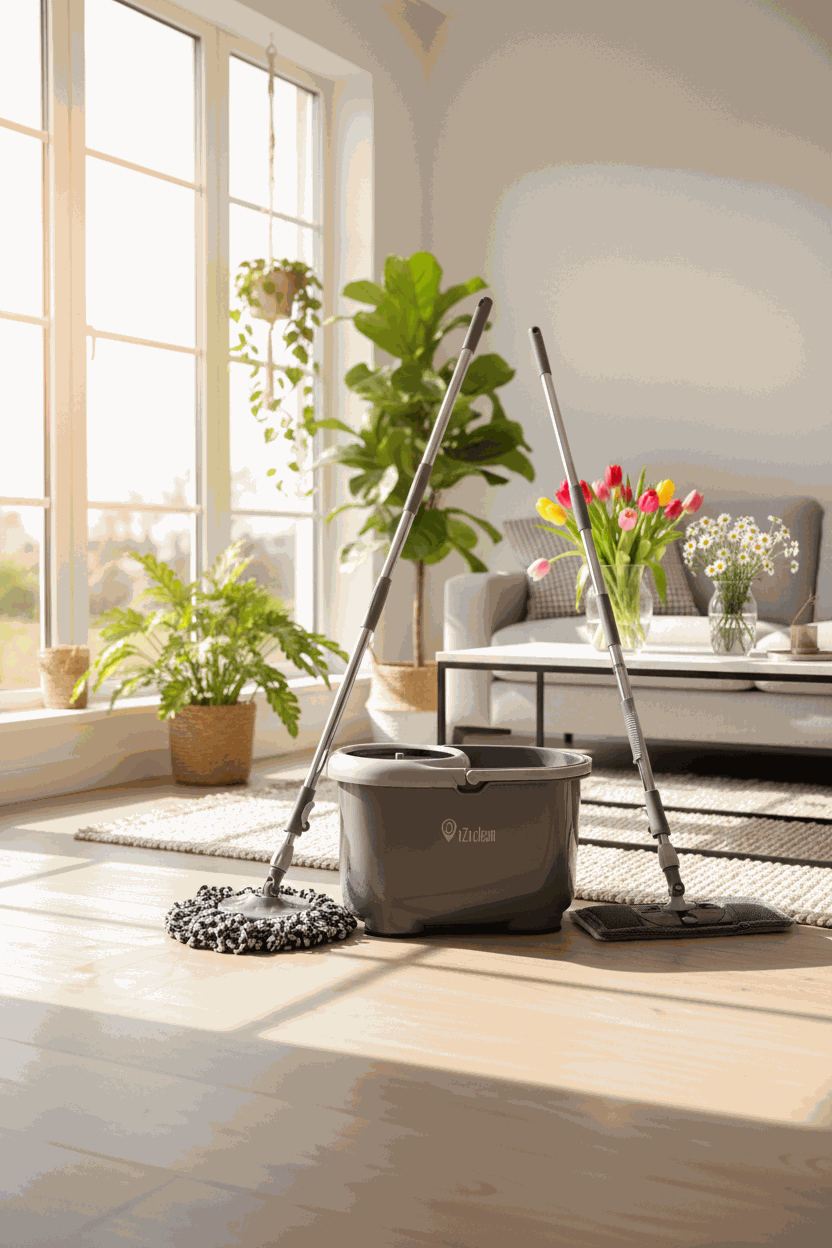 iZi-Clean Turbo Twin Mop dweilset met ronde en vlakke mopkop, emmer en verstelbare steel voor streeploos schoonmaken van alle vloertypes