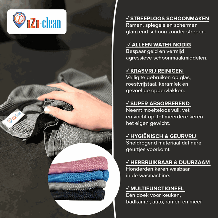 iZi-Clean Wonderdoek 12-pack microfiber cleaning cloths in grey, pink, blue, and black for streak-free cleaning