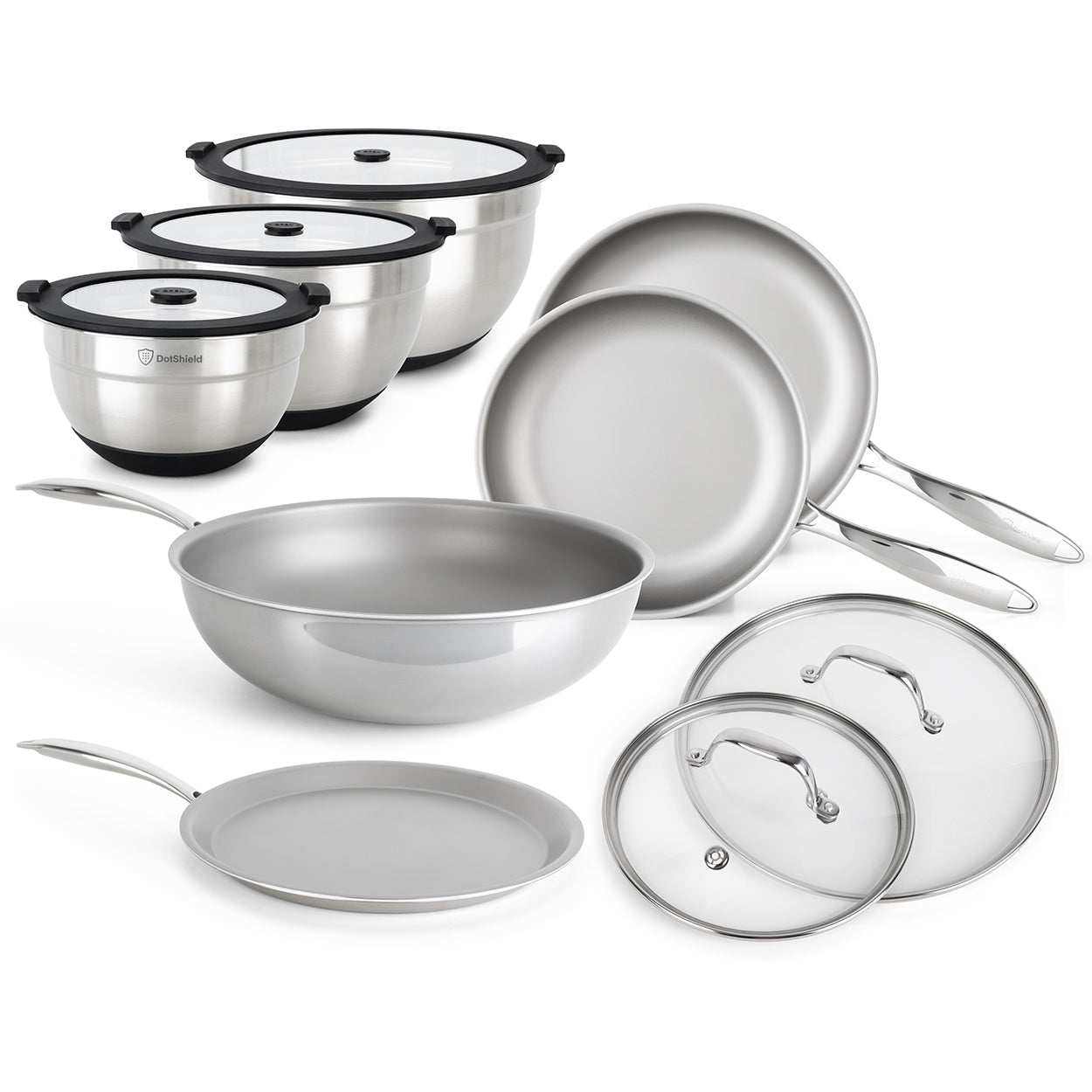 DotShield Profi Pakket 12-delig antiaanbakpannen en mengkommen set zonder PFAS voor gezond koken