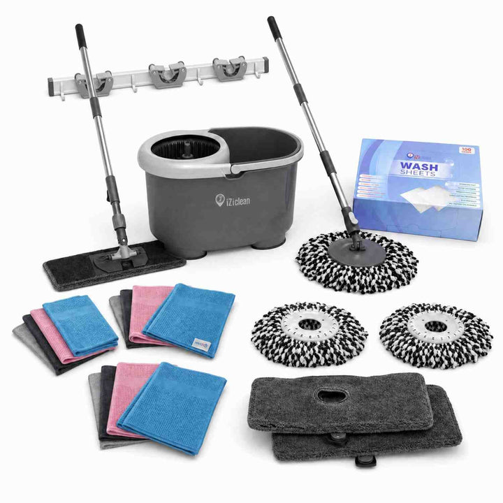 Turbo Twin schoonmaakset met mop, vervangingsmoppen, mophouder, iZi-Wash Sheets en wonderdoeken voor snelle en streeploze reiniging