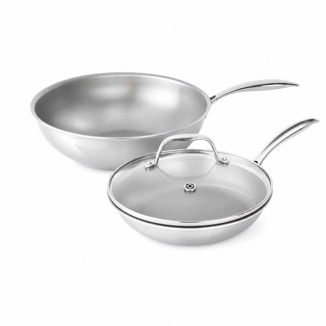 Wok Duo 24 set met 30 cm wok en 24 cm koekenpan met glazen deksel, RVS en geschikt voor inductie.