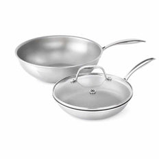 Wok Duo 24 set met 30 cm wok en 24 cm koekenpan met glazen deksel, RVS en geschikt voor inductie.