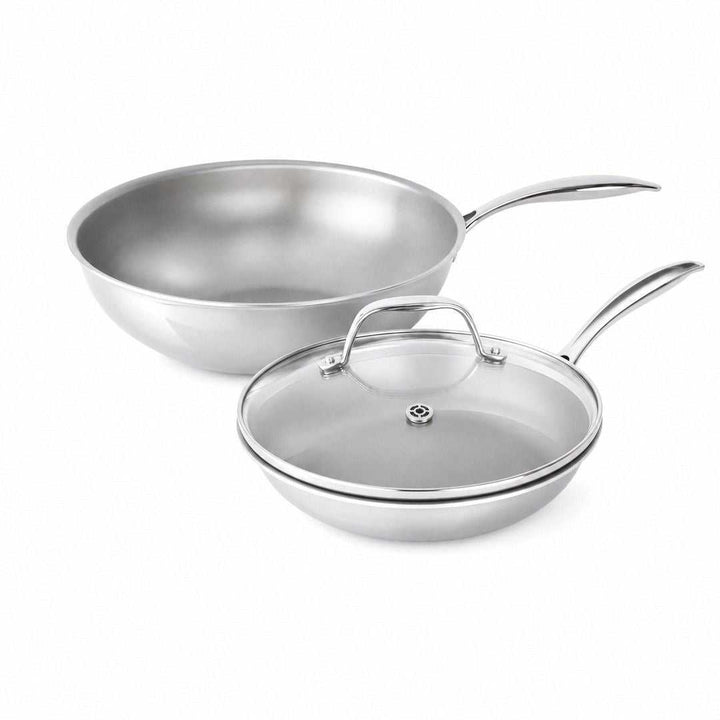 Wok Duo 24 set met 30 cm wok en 24 cm koekenpan met glazen deksel, RVS en geschikt voor inductie.