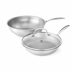 Wok Familie 28 set met 30 cm wok en 28 cm koekenpan met glazen deksel, roestvrij staal, geschikt voor inductie en oven tot 300°C