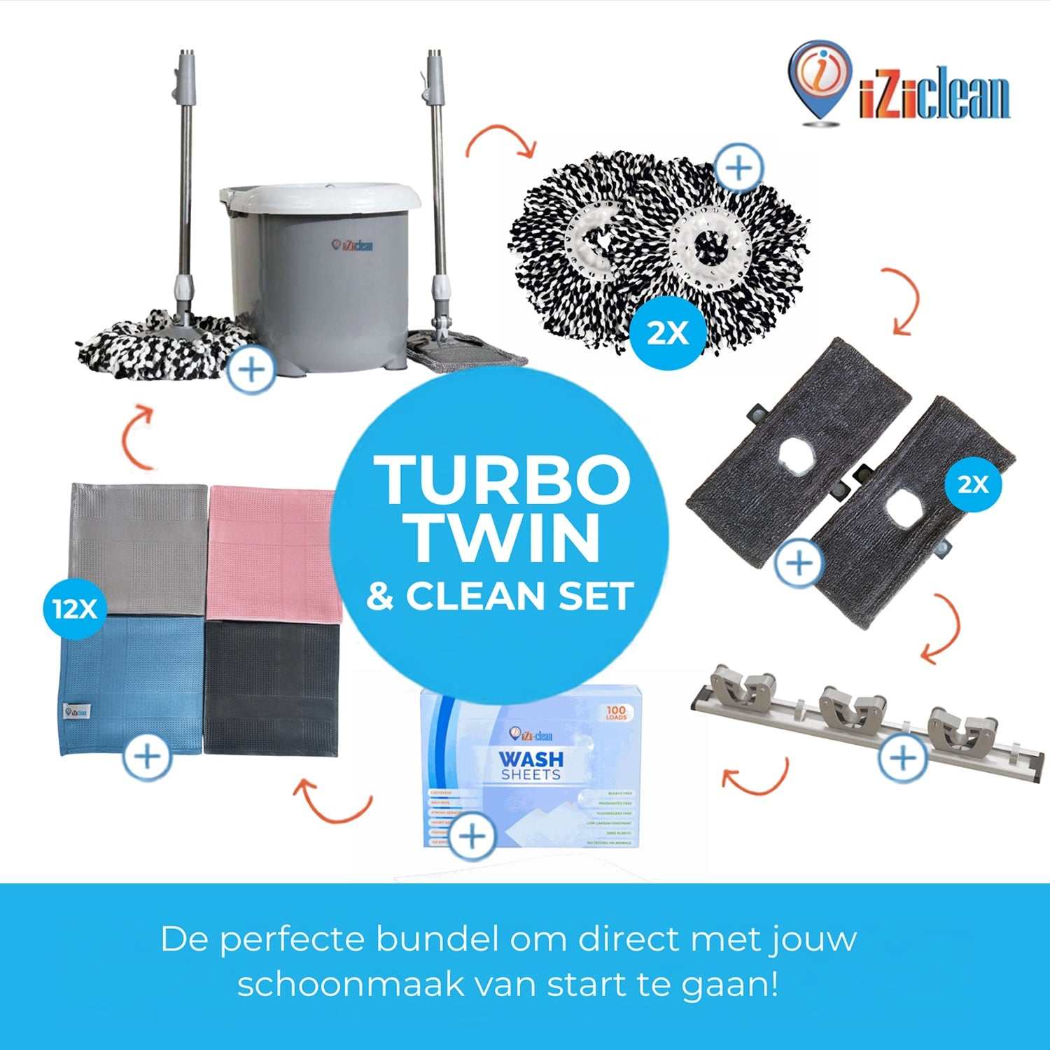 Turbo Twin schoonmaakset met moppen, refill, mophouder, iZi-Wash Sheets en wonderdoeken voor snelle en streeploze reiniging