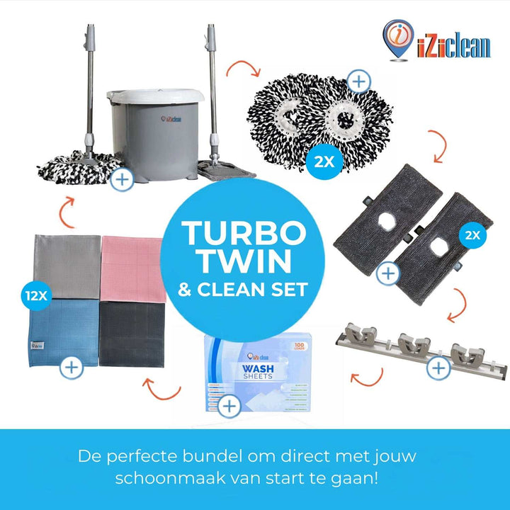 Turbo Twin schoonmaakset met moppen, refill, mophouder, iZi-Wash Sheets en wonderdoeken voor snelle en streeploze reiniging